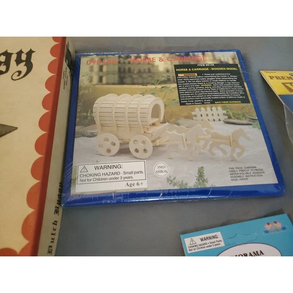 7 Vtg Wood Model Kit Lot Wooden Cover Wagon Log Cabin Sealed Read Gattling Buggy